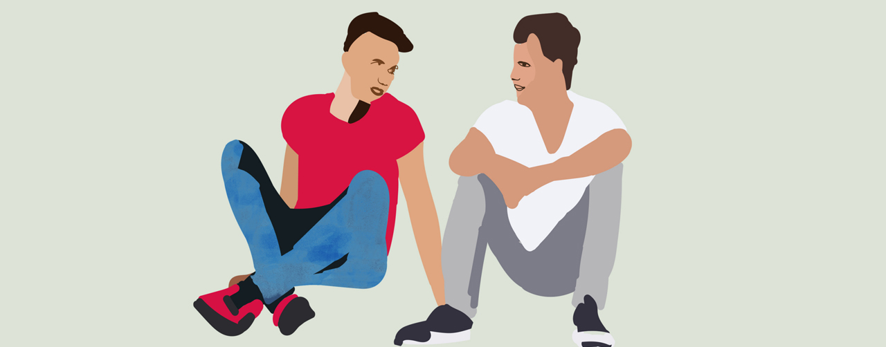 Illustration där två pojkar sitter ner på marken och pratar.